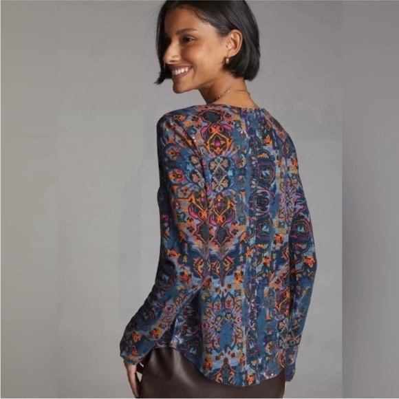 PILCRO Anthropologie Thermal Waffle Knit Split Neck Pullover Shirt Top Sz S Blue - Picture 7 of 11